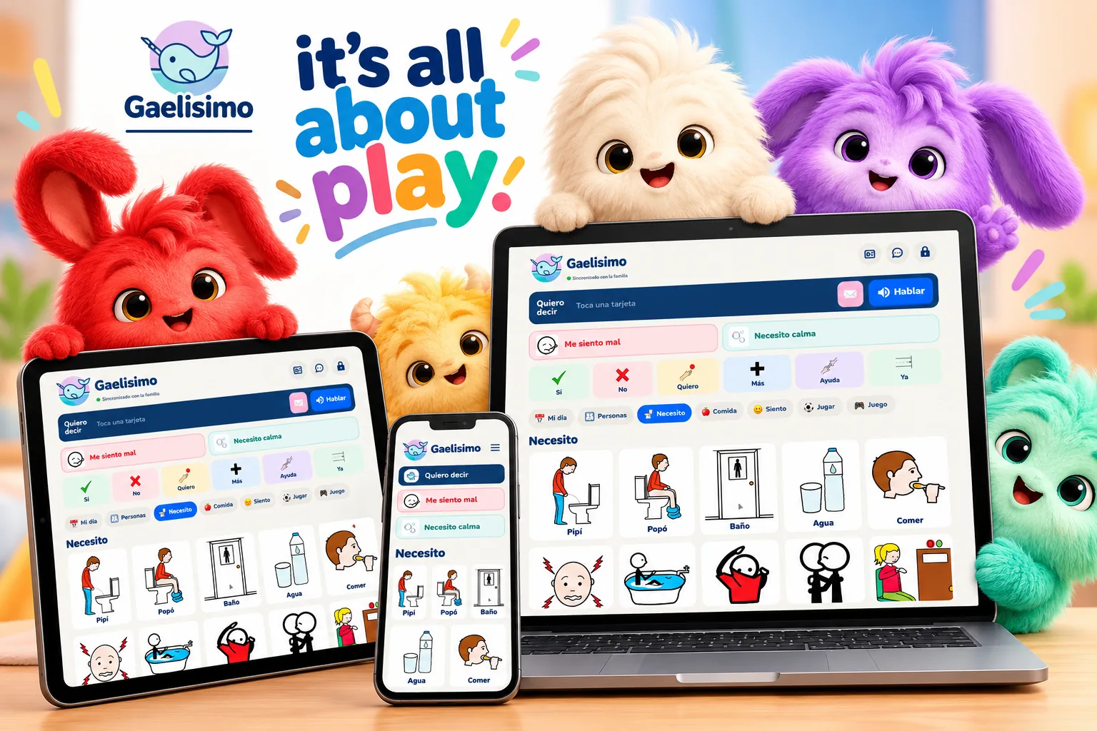 The Gaelísimo picture-symbol app on tablet, phone and laptop, with The Fluffys peeking in