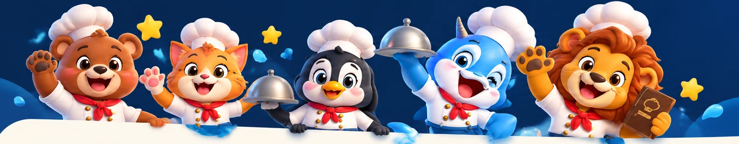 Bear, Cat, Penguin, Dolphin and Lion, the Let’s Cook chefs, waving