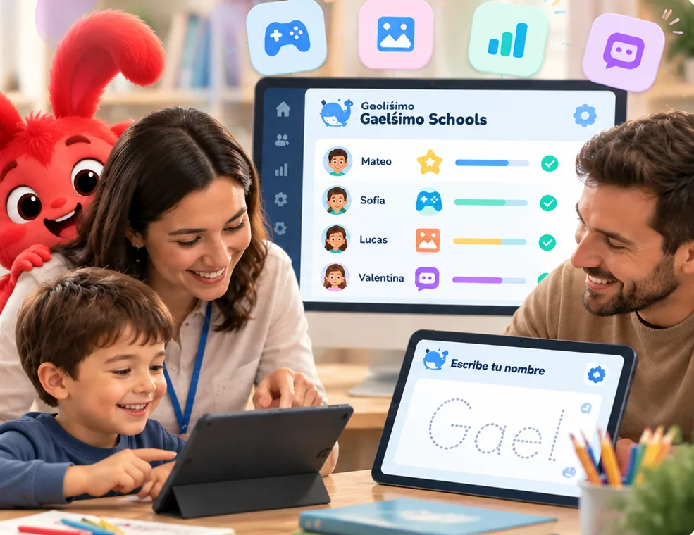 A teacher and a dad with a child using Gaelísimo Schools on a tablet, with Chilli peeking in