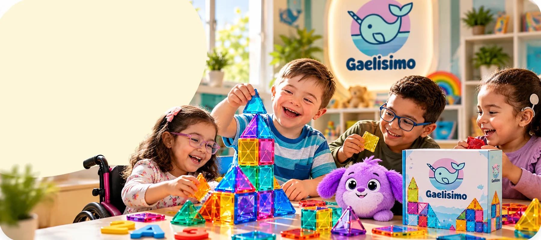 Kids, including a girl in a wheelchair, playing with Gaelísimo magnetic blocks and the Berry plush